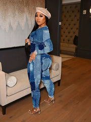 Women's Plus Denim Print Top & Tie Front Pants Two Piece Set