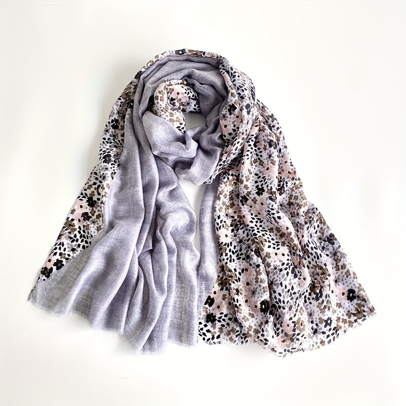 Dotted Flower Print Scarf Frayed Edge Boho Shawl