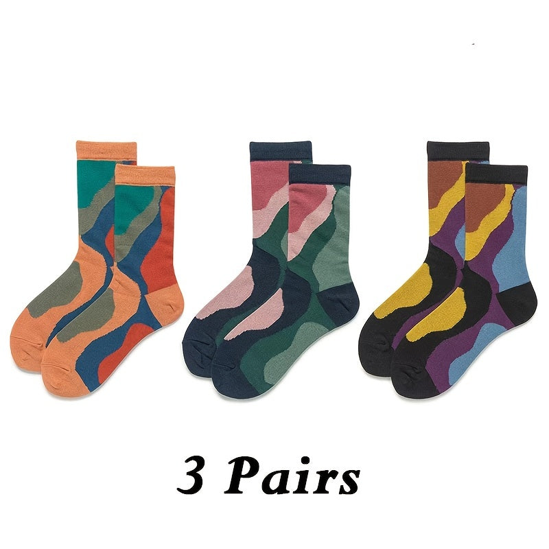 3 Pairs Retro Colorblock Socks Novelty Pattern Crew Socks Women's Stockings