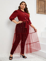  Bubble Sleeve Mesh Dress with Faux Pearl Buttons
