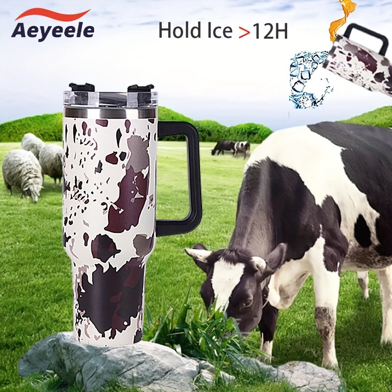 40oz Cow Print Insulated Tumbler with Handle & Straw Lid