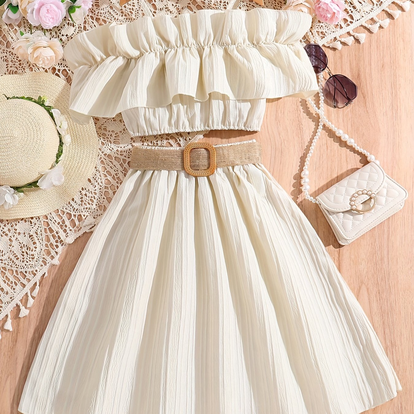 Girl's Off Shoulder Ruffle Camisole & Flared Skirt Set - Summer Outfits