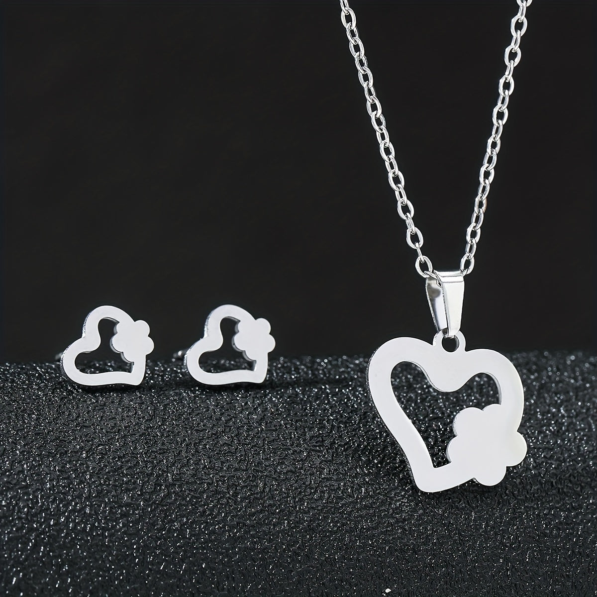 Stainless Steel Butterfly Flower Heart Stud Earrings & Necklace Set