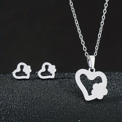 Stainless Steel Butterfly Flower Heart Stud Earrings & Necklace Set