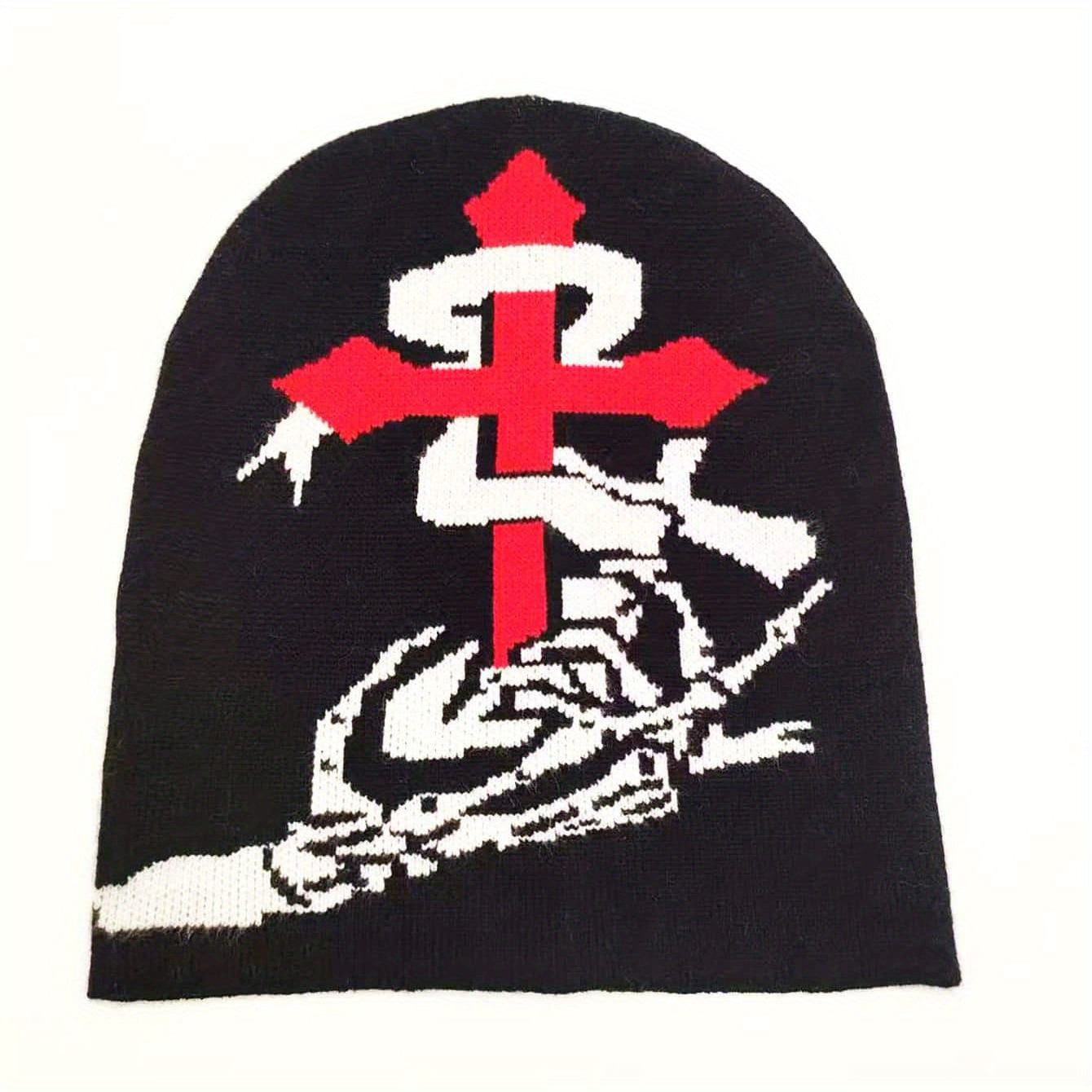 Cross Jacquard Beanie Hip Hop Unisex Warm Knit Hat Elastic Knitted Skull Cap
