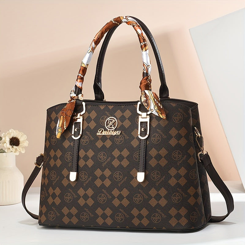 Vintage PU Leather Tote Bag Women Removable Strap Plaid Positioning