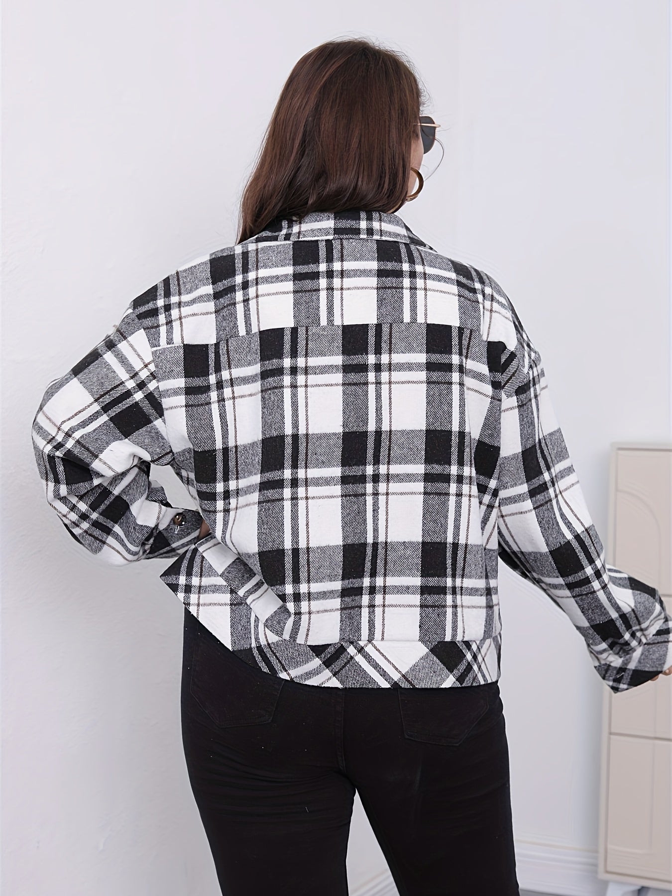  Plaid Print Button Up Long Sleeve Shacket