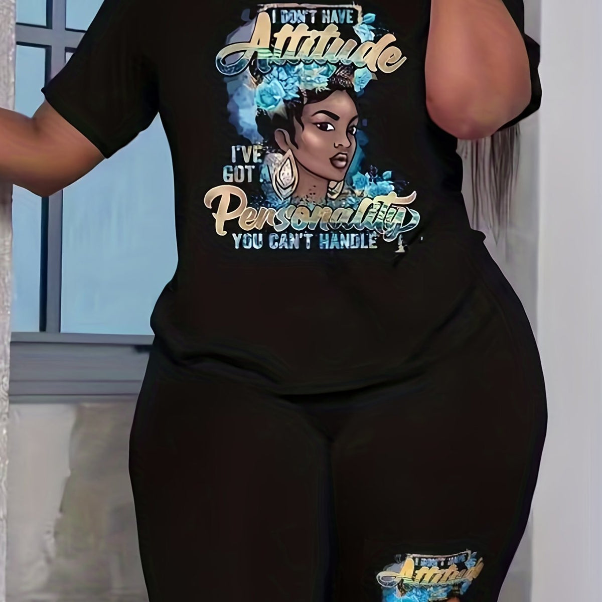  Cartoon Lady & Slogan Print Top & Biker Shorts Set