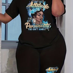  Cartoon Lady & Slogan Print Top & Biker Shorts Set