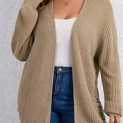  Solid Ripped Lantern Sleeve Open Front Cardigan