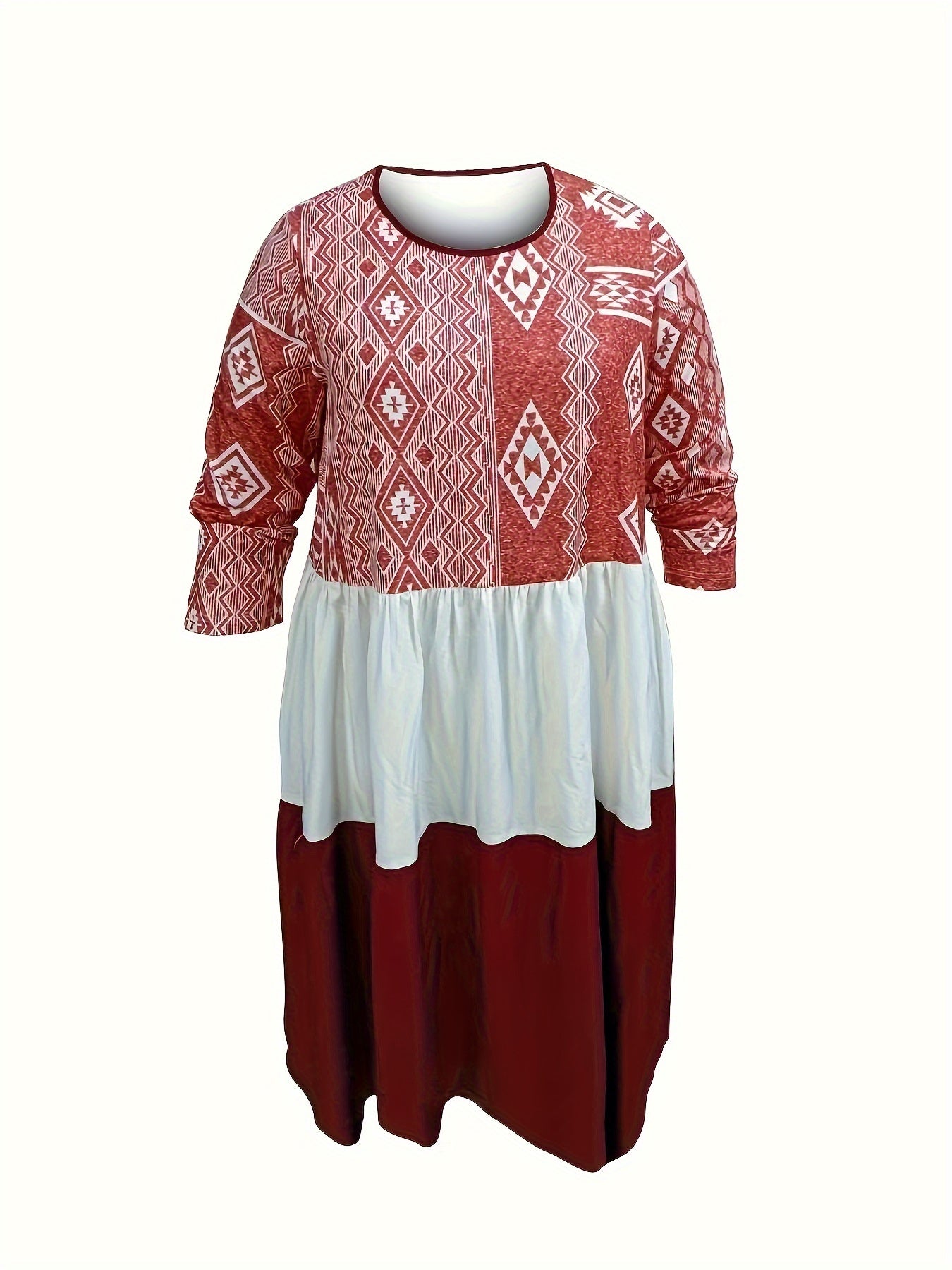 Boho Dress Colorblock Geometric Print Long Sleeve Smock Dress