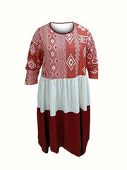  Boho Dress Colorblock Geometric Print Long Sleeve Smock Dress