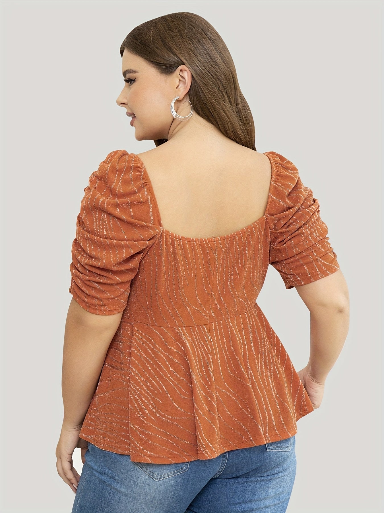  Casual Top Shinny Striped Lantern Sleeve Surplice Neck Stretch Peplum
