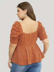  Casual Top Shinny Striped Lantern Sleeve Surplice Neck Stretch Peplum