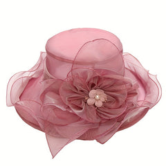 Mesh Flower Organza Sun Hat Solid Ruffles Derby Hat