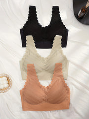 3pcs Lace Wireless Bras Comfy Scallop Trim Bra Women's Lingerie