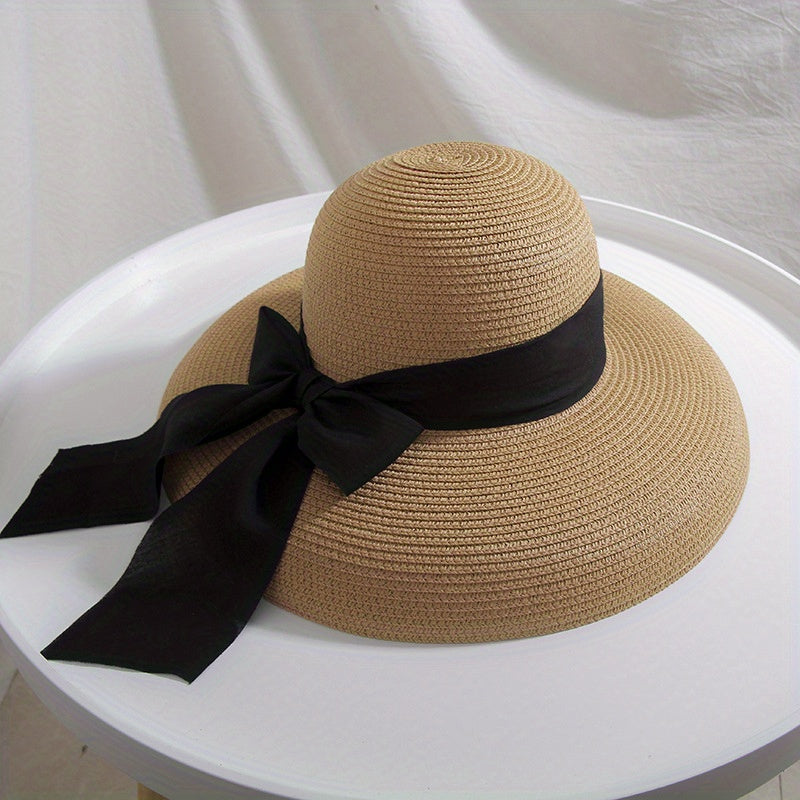 Ribbon Bowknot Sun Hat Cap Straw Hat Hepburn Style