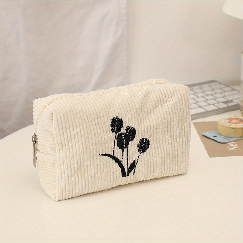 Corduroy Cosmetic Bag Makeup Bag Flower Make Up Organizer