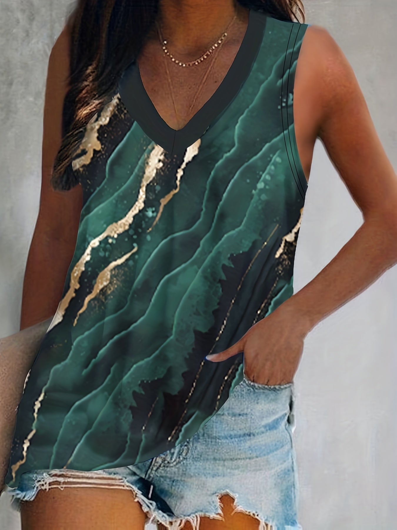  Marble Print V Neck Stretch Tank Top