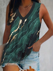  Marble Print V Neck Stretch Tank Top