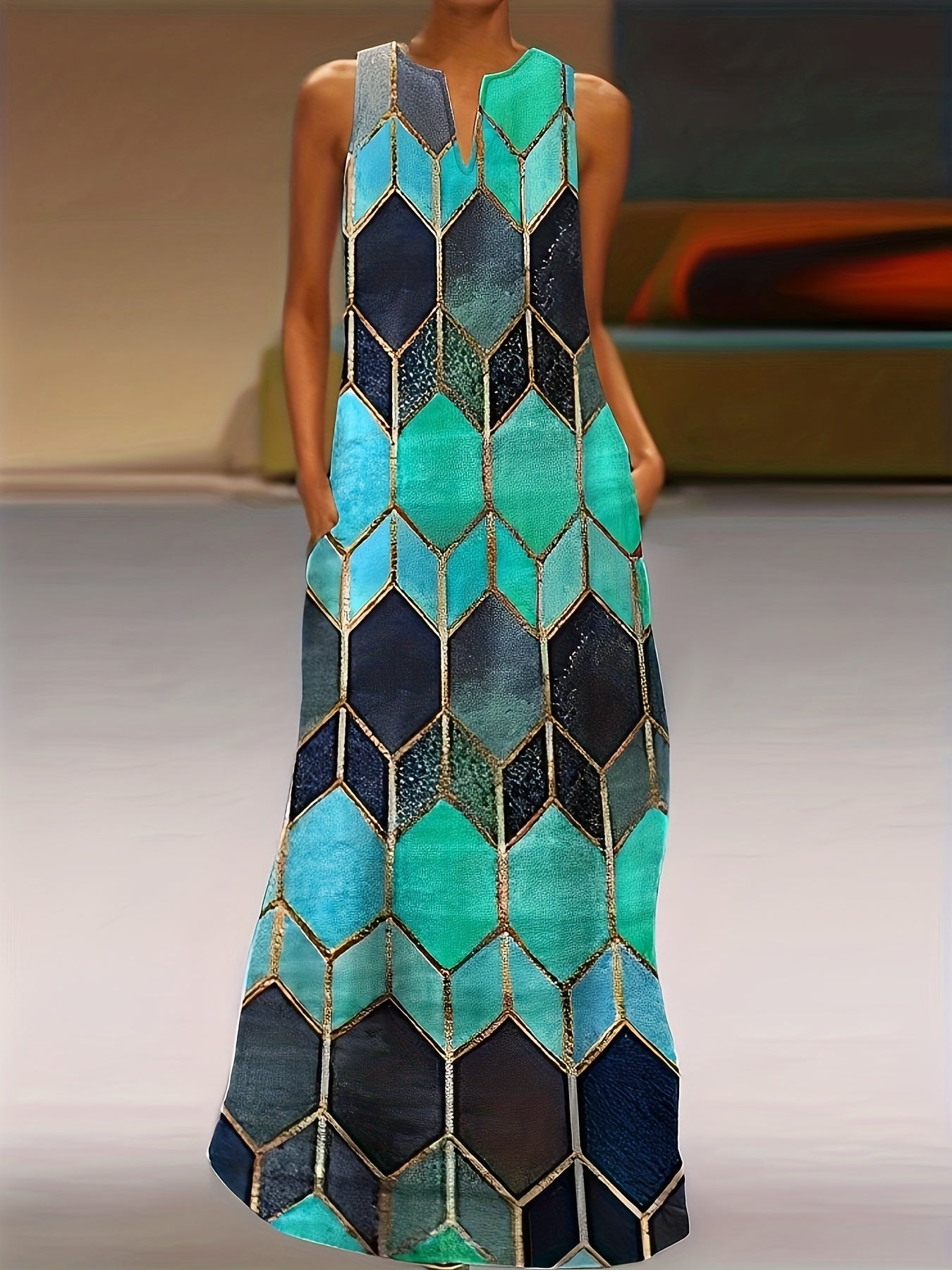  Geometric Print Tank Dress with Pockets