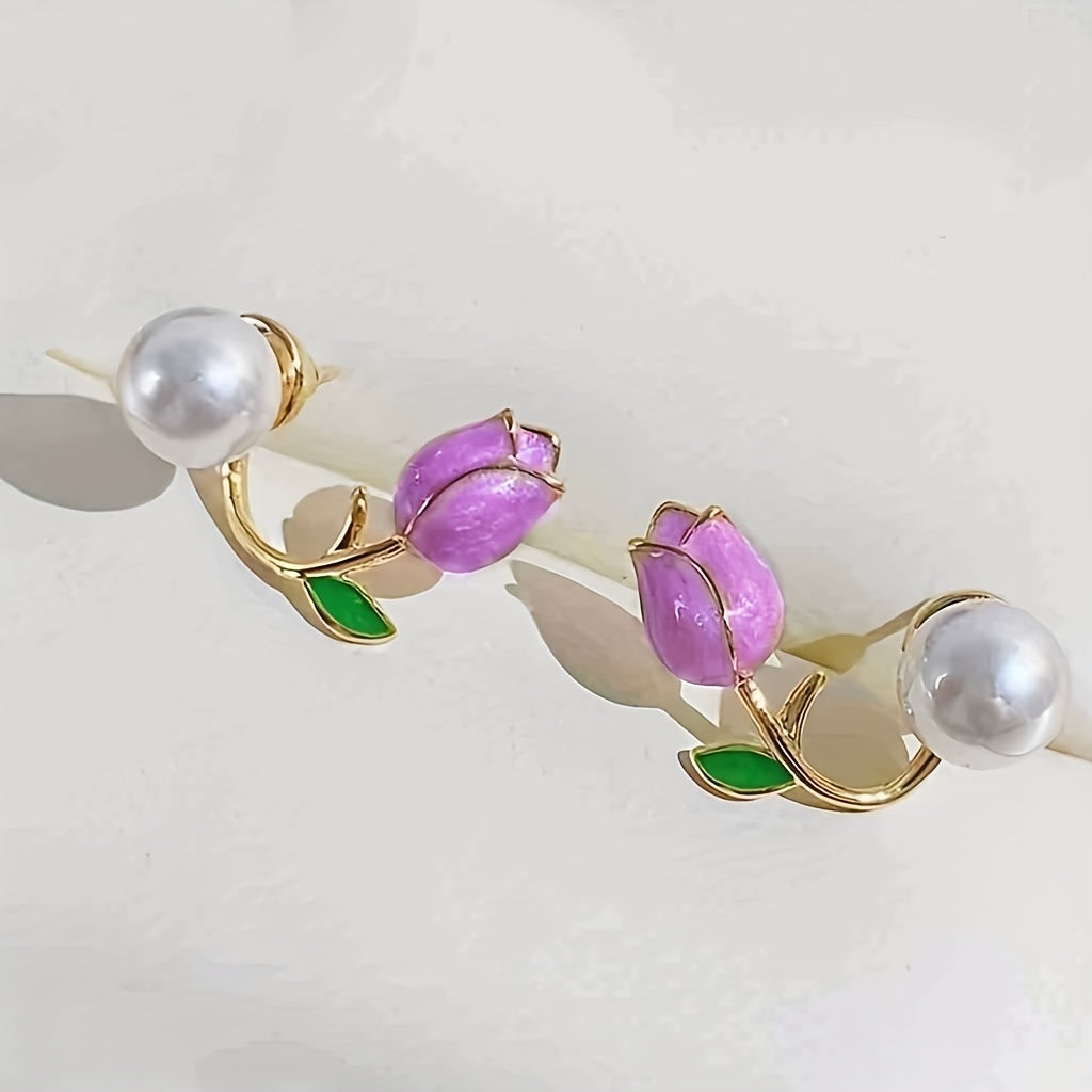 Purple Tulip Flower Pearl Stud Earrings