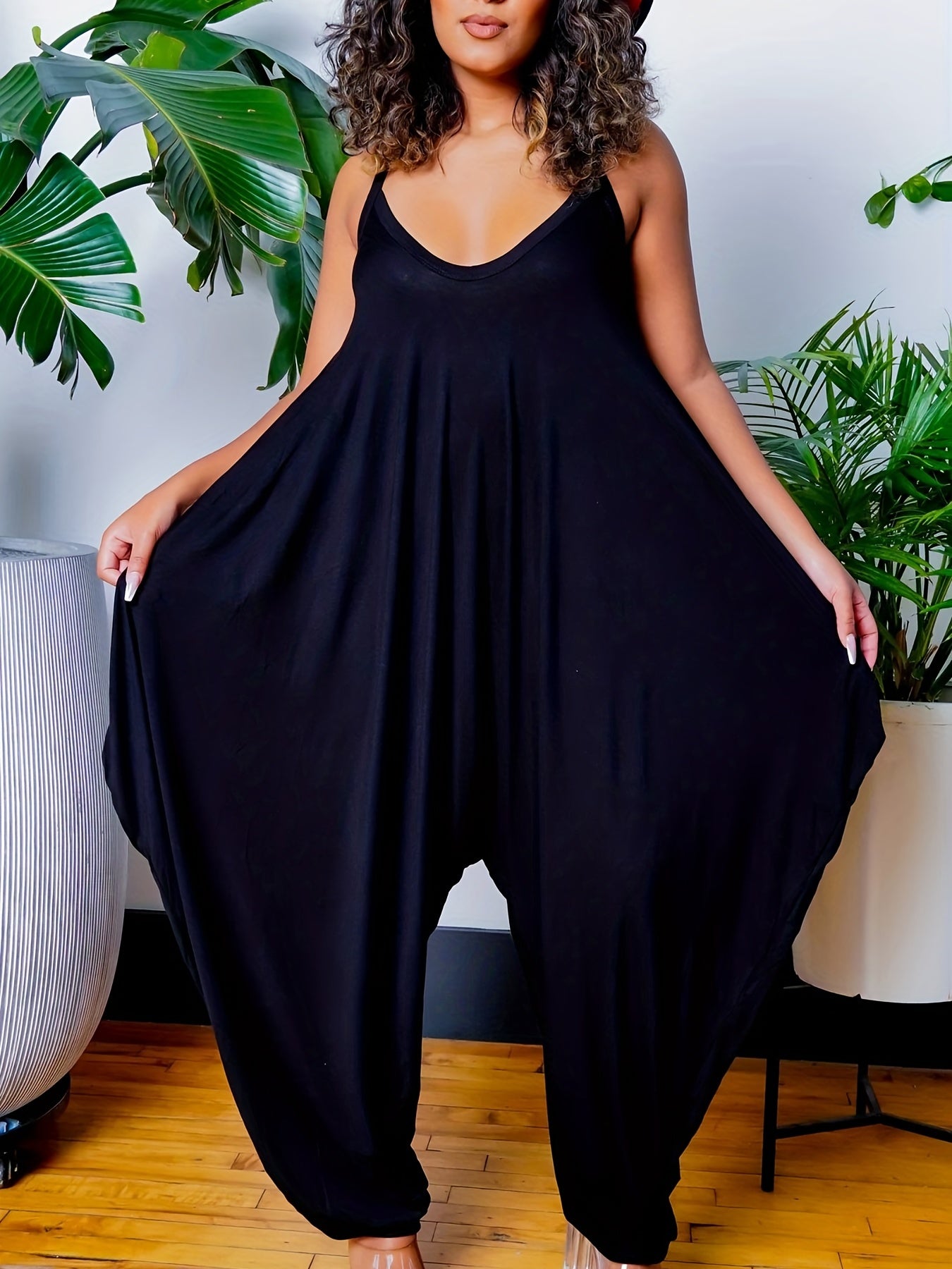  Casual Cami Jumpsuit Solid V Neck Drop Crotch Harem Cami Jumpsuit