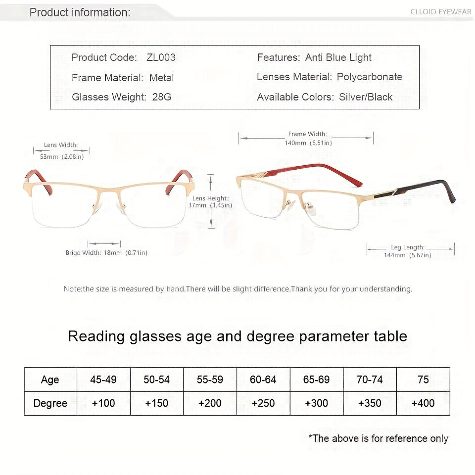 Anti Light Anti UV Semi Rimless Stainless Steel Business Glasses Reader Glasses