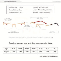 Anti Light Anti UV Semi Rimless Stainless Steel Business Glasses Reader Glasses