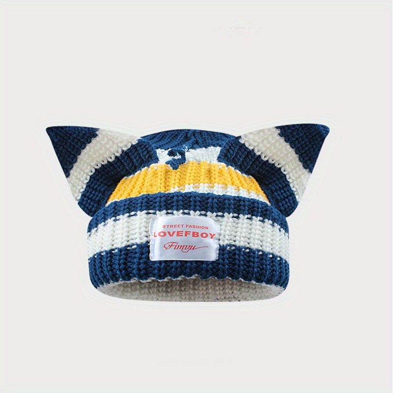 Y2K Block Knitted Beanie Pig Ears Warm Skull Cap Unisex Hip Hop