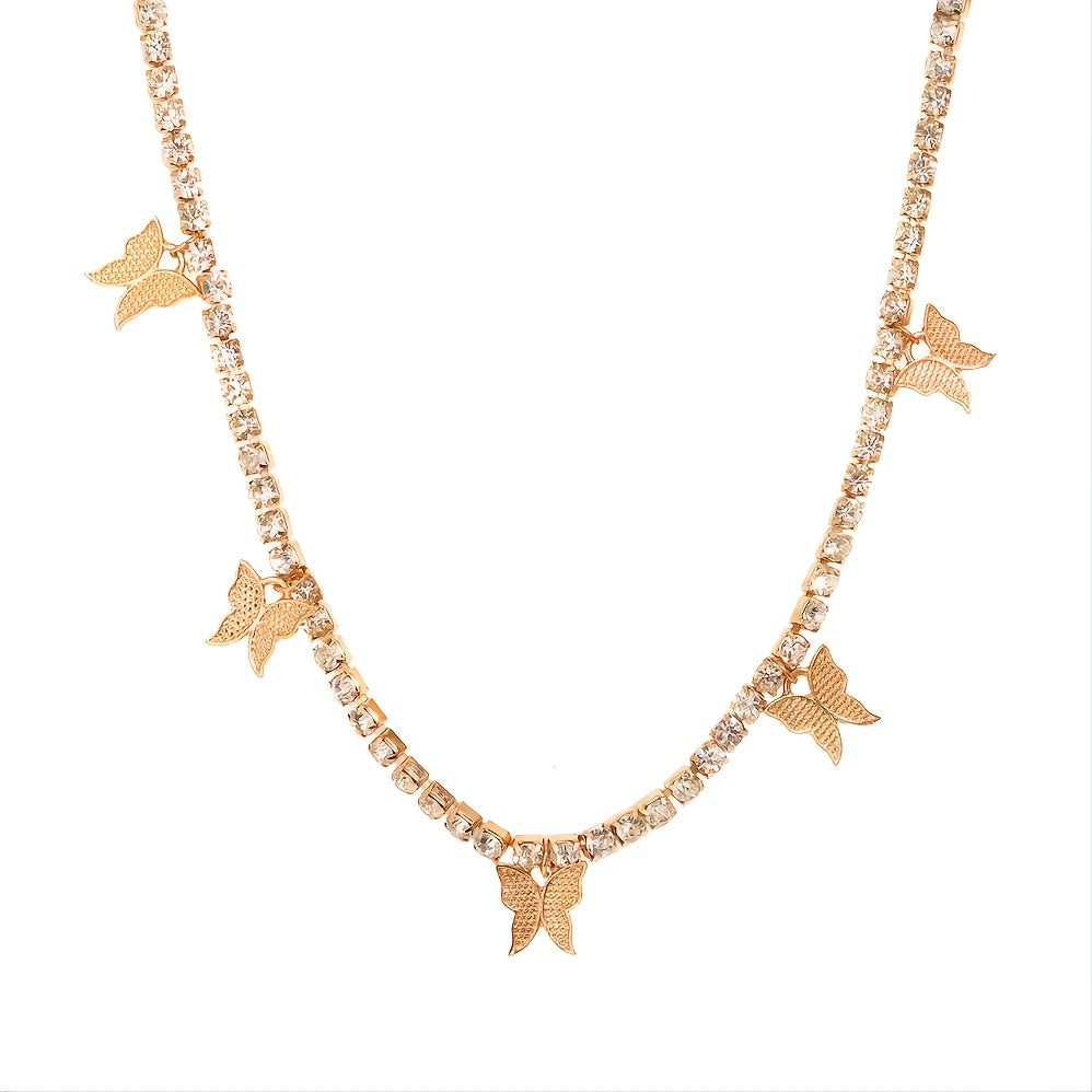 Double Row Butterfly Rhinestone Necklace