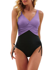 Ruched One Piece Swimsuit Drawstring Tie Side High Cut Bathing Suit