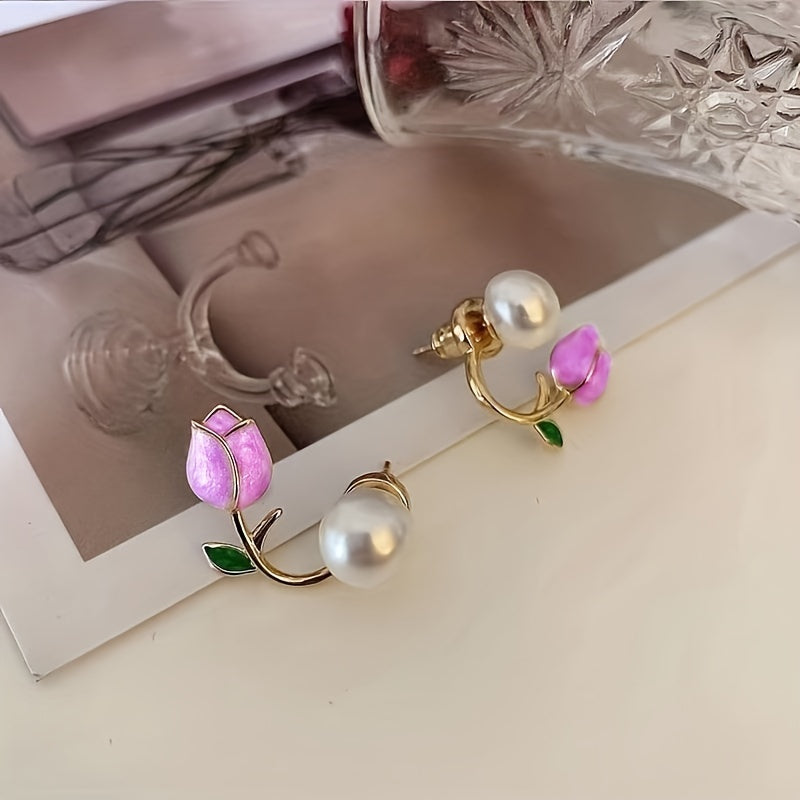 Purple Tulip Flower Pearl Stud Earrings