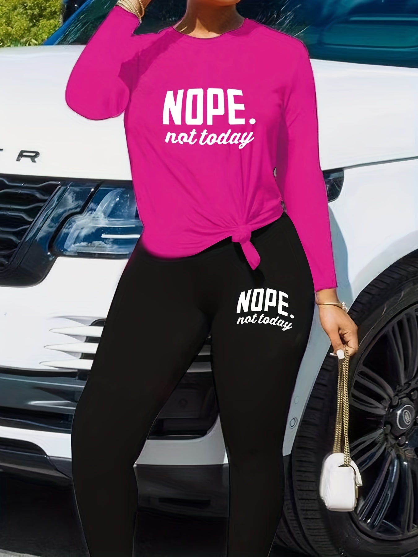  Slogan Print Long Sleeve Top & Leggings Set