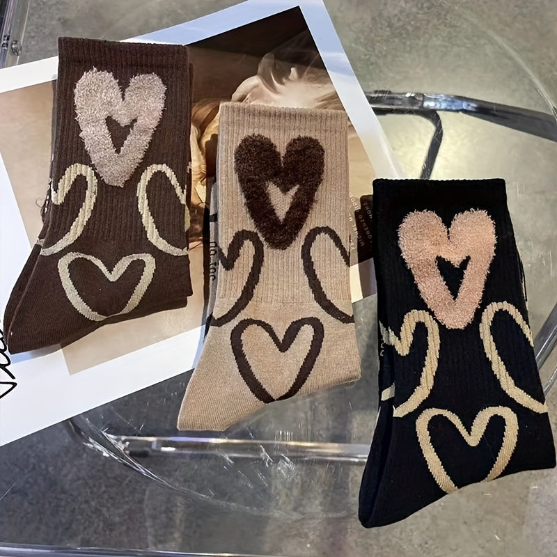 3 Pairs Heart Print Mid Tube Socks Soft Women's Stockings