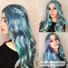 Colorful Long Wavy Wig Green Purple Middle Part Synthetic Hair for Halloween