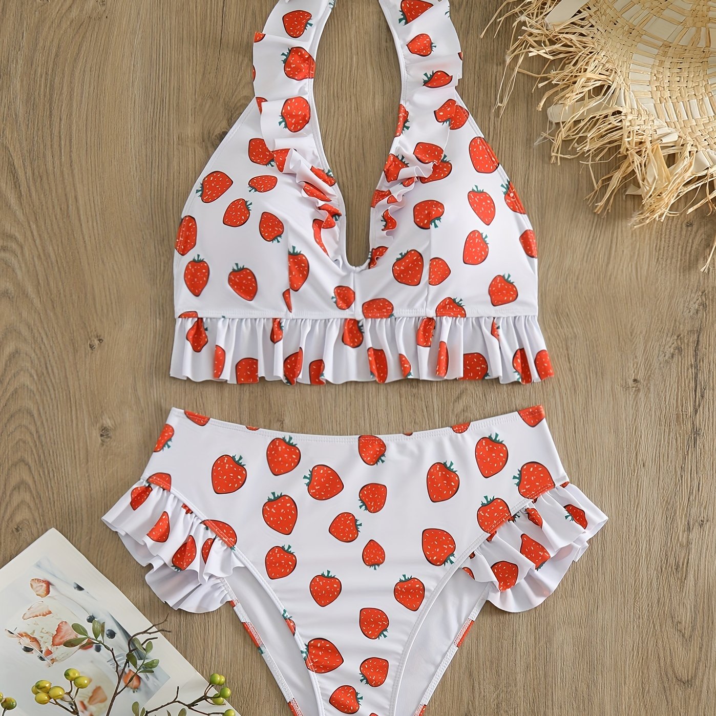 Women's Plus Strawberry Print Ruffle Trim Halter Bikini Set