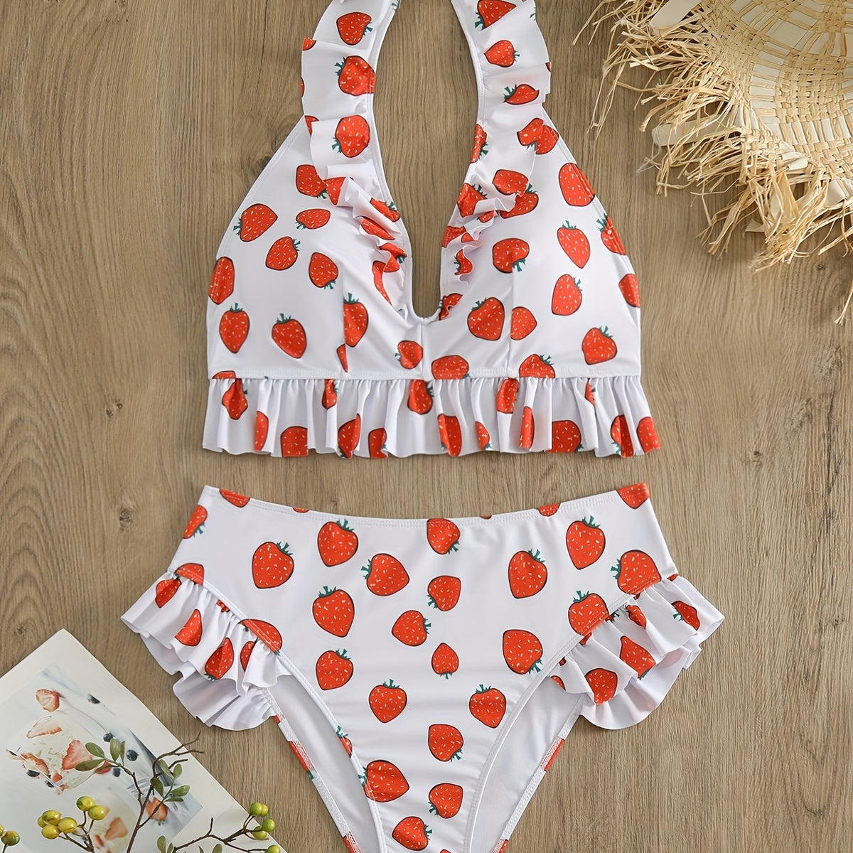 Women's Plus Strawberry Print Ruffle Trim Halter Bikini Set