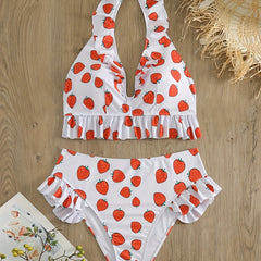 Women's Plus Strawberry Print Ruffle Trim Halter Bikini Set
