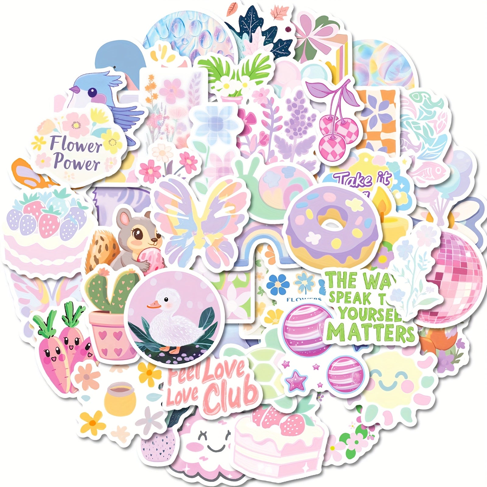 50pcs Spring Pastel Flower & Animal Stickers for Teens