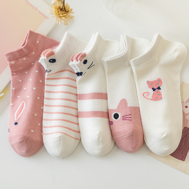 5 Pairs Pink Cat Print Short Socks Soft Lightweight Low Cut Ankle Socks