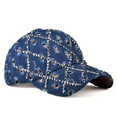 Leopard Rhinestone Denim Baseball Cap with Artificial Diamonds