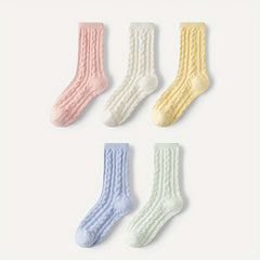 5 Pairs Twist Textured Mid Tube Socks Women's Stockings & Hosiery