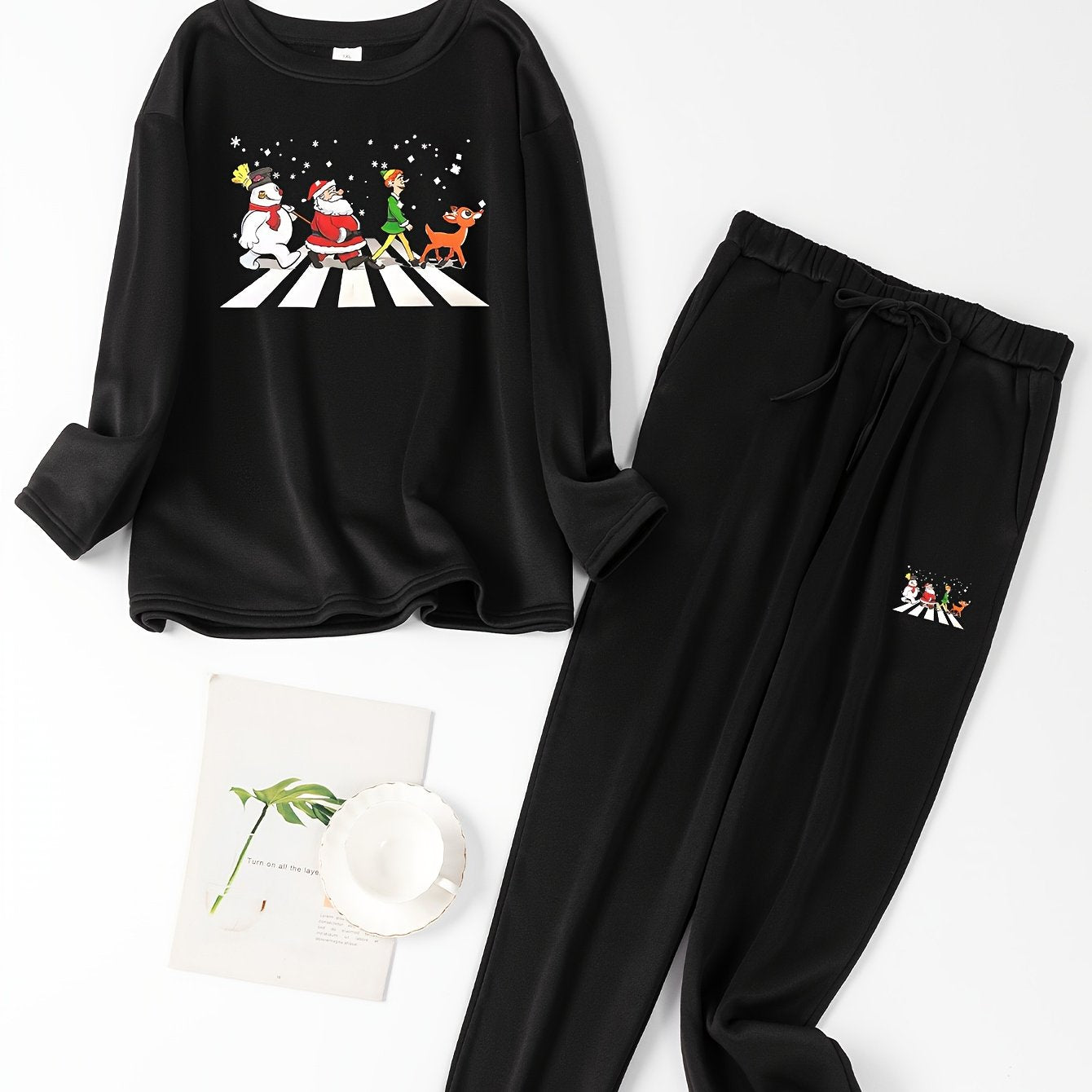  Christmas Lounge Set Cartoon Figure Print Fleece Top & Joggers Pajamas