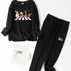  Christmas Lounge Set Cartoon Figure Print Fleece Top & Joggers Pajamas