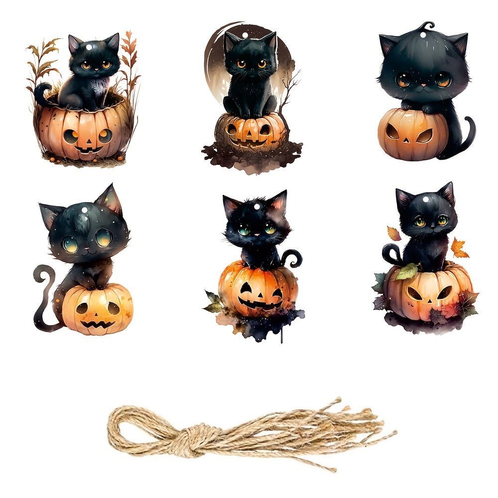 6pcs Halloween Cats Pumpkin Tree Ornaments Cardboard Hanging Cats Ornaments