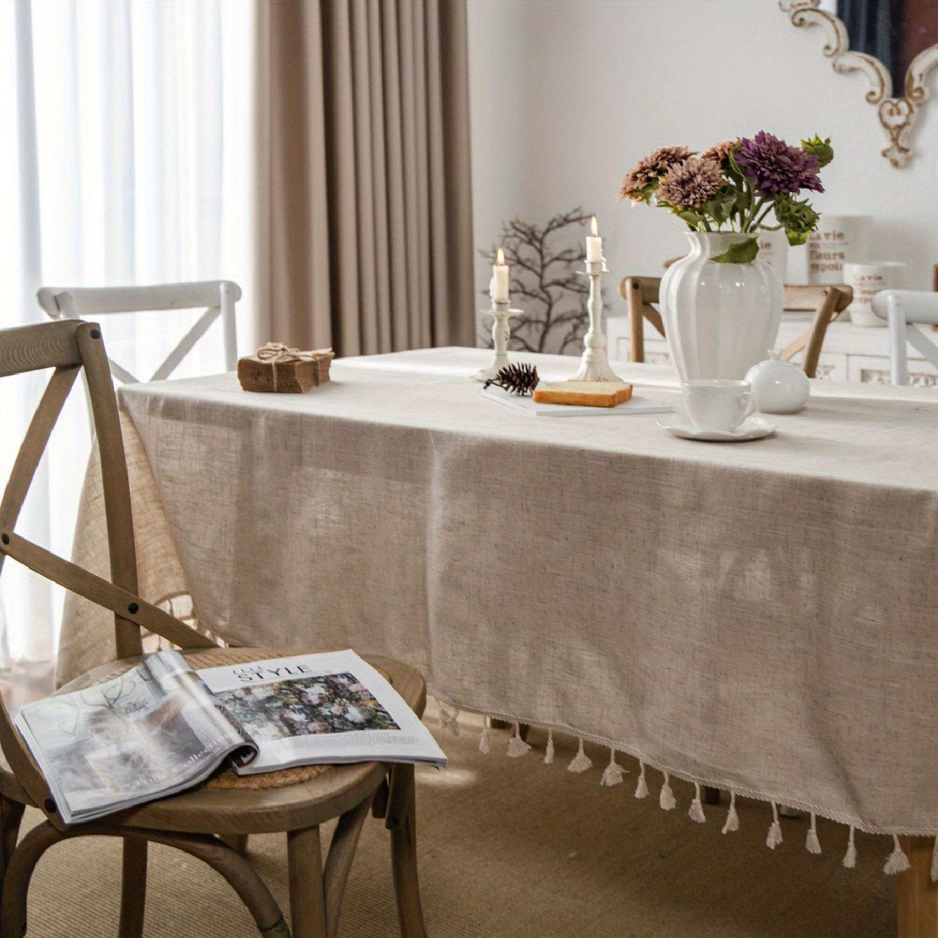Boho Linen Tablecloth Beige Tassel Table Cover