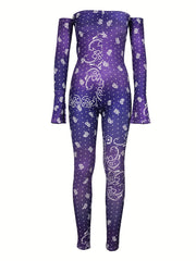 Graphic Print Off Shoulder Jumpsuit Slim Fit Casual Jumpsuit