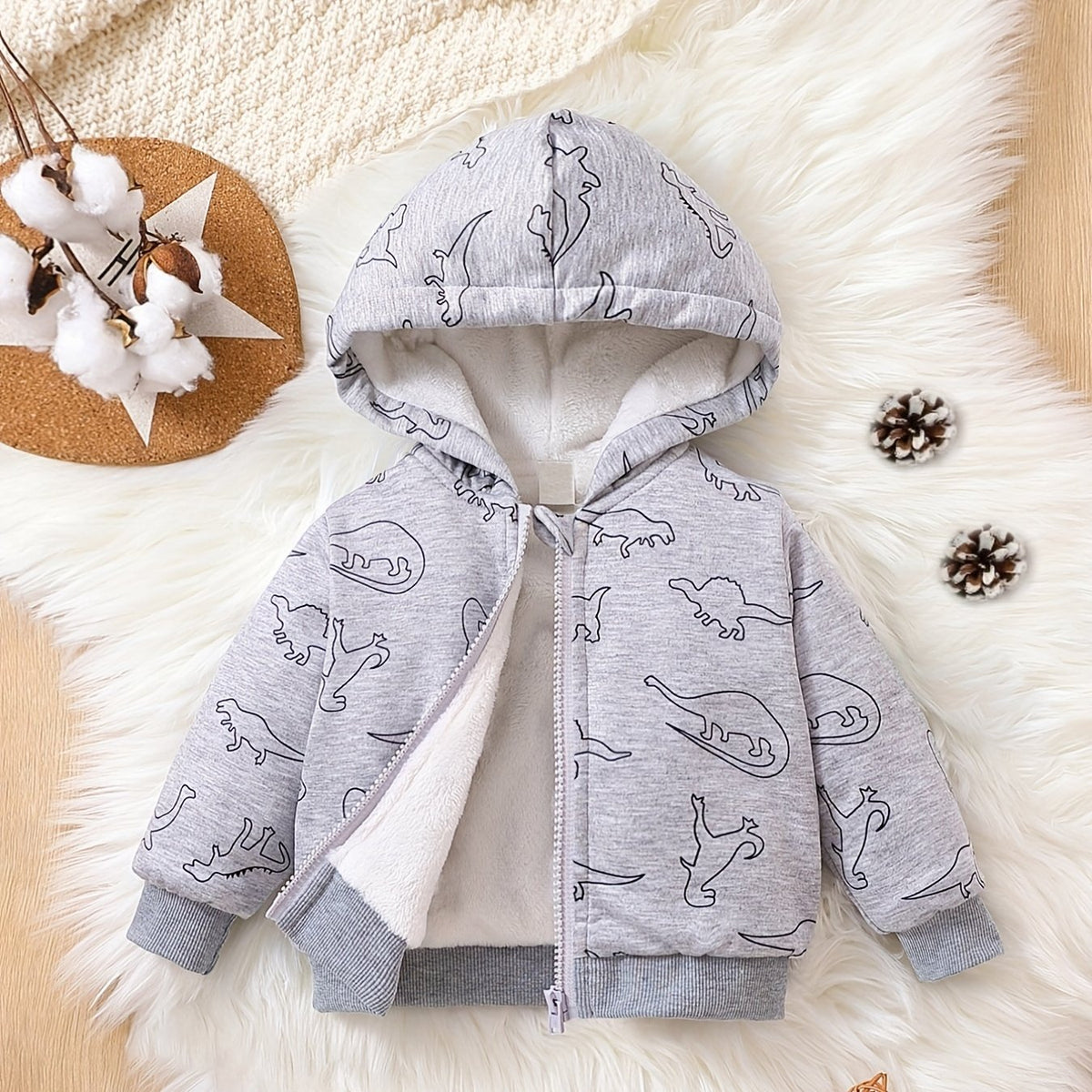 Boys Dino Cartoon Fleece Hoodie Zip Up Sweatshirt