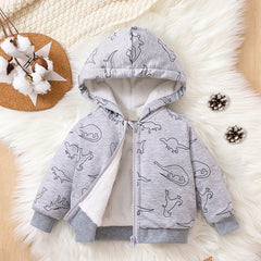 Boys Dino Cartoon Fleece Hoodie Zip Up Sweatshirt